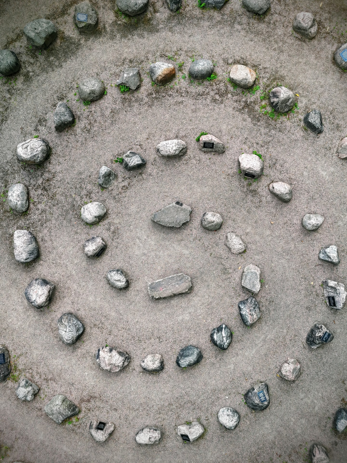 Several rings of stones arranged on gravel, seen straight down from above.
