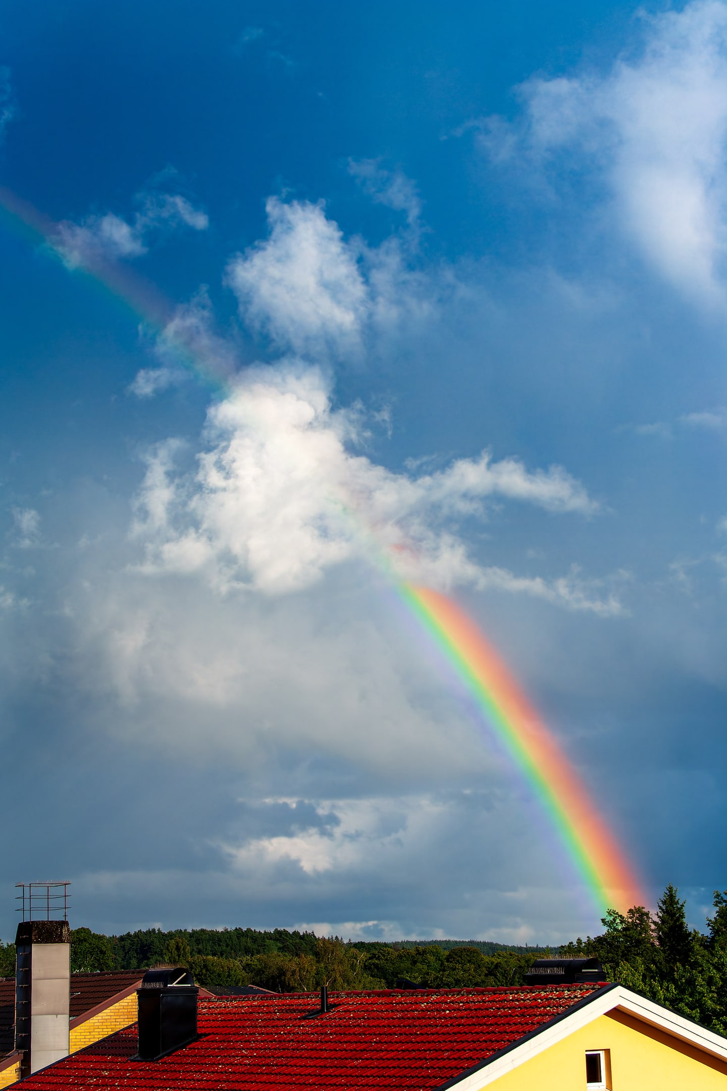 A rainbow dropping from storm clouds behind yellow rooftops.