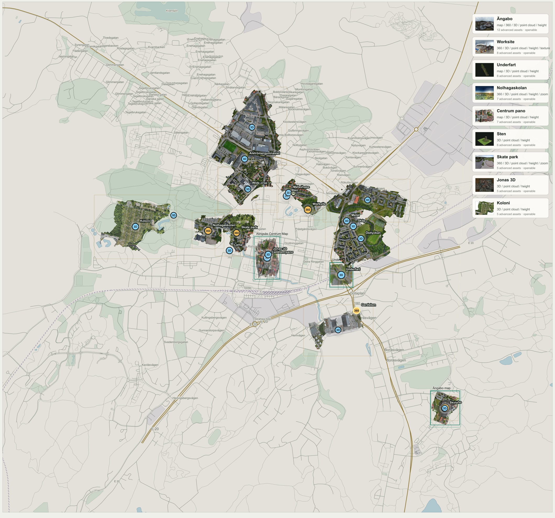 A preview map of Alingsås with AlingePics maps and 3D media placed around town.